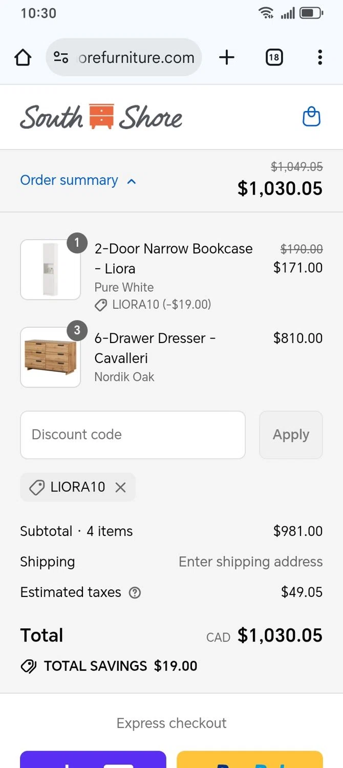 South Shore Furniture promo code screenshot showing code LIORA10 applied at South Shore Furniture checkout page. Uploaded by SimplyCodes community member franksanchez on Aug 16, 2025
