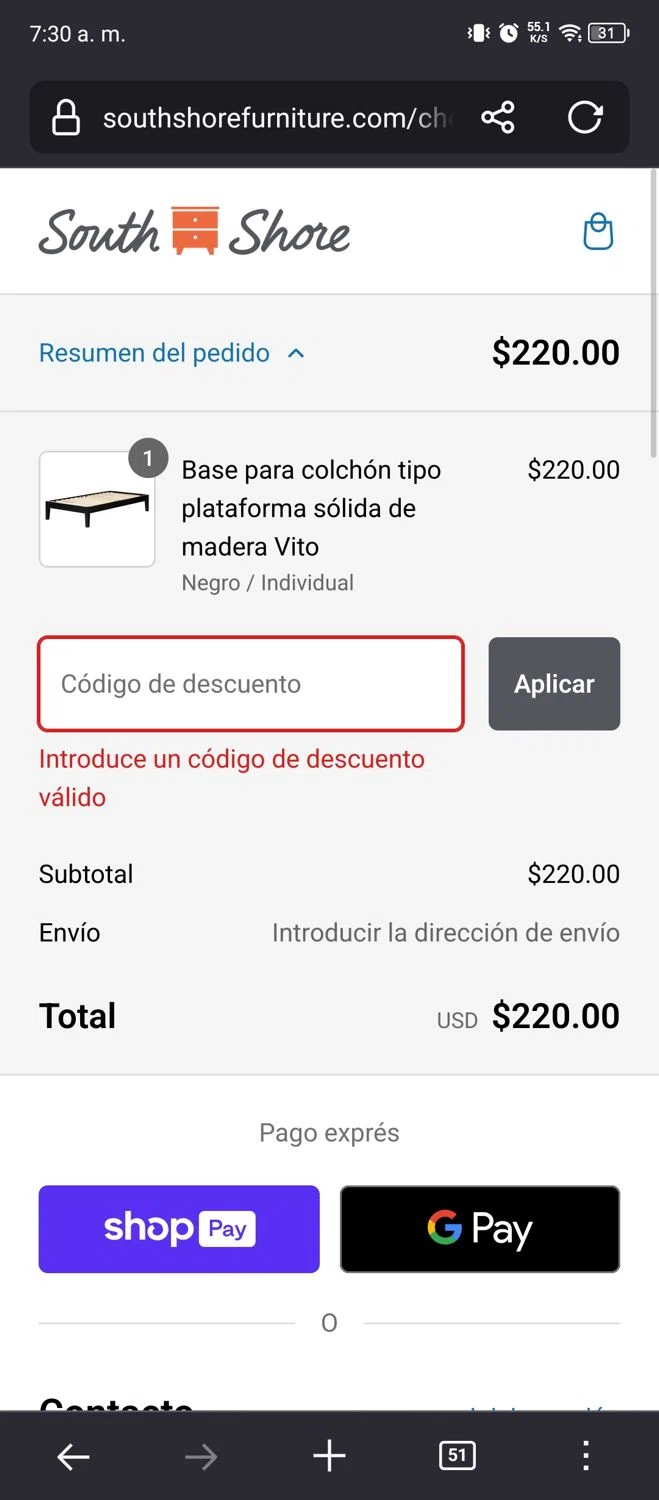 South Shore Furniture promo code screenshot showing code RESOLUTION2025 applied at South Shore Furniture checkout page. Uploaded by SimplyCodes community member CleverPioneer7353 on Jan 12, 2025
