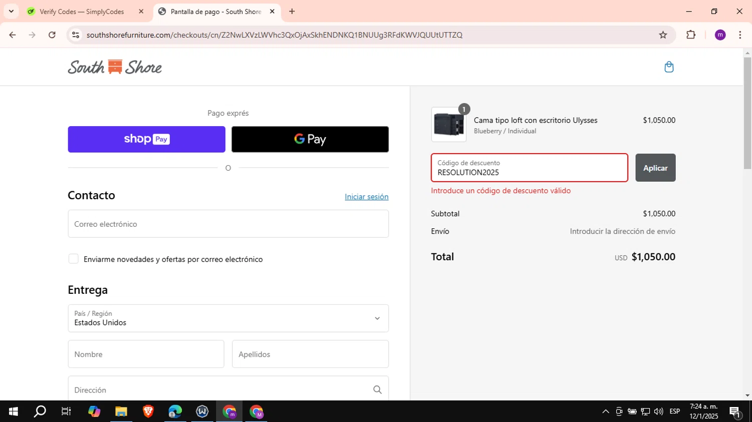 South Shore Furniture promo code screenshot showing code RESOLUTION2025 applied at South Shore Furniture checkout page. Uploaded by SimplyCodes community member VictoriousCurator6515 on Jan 12, 2025