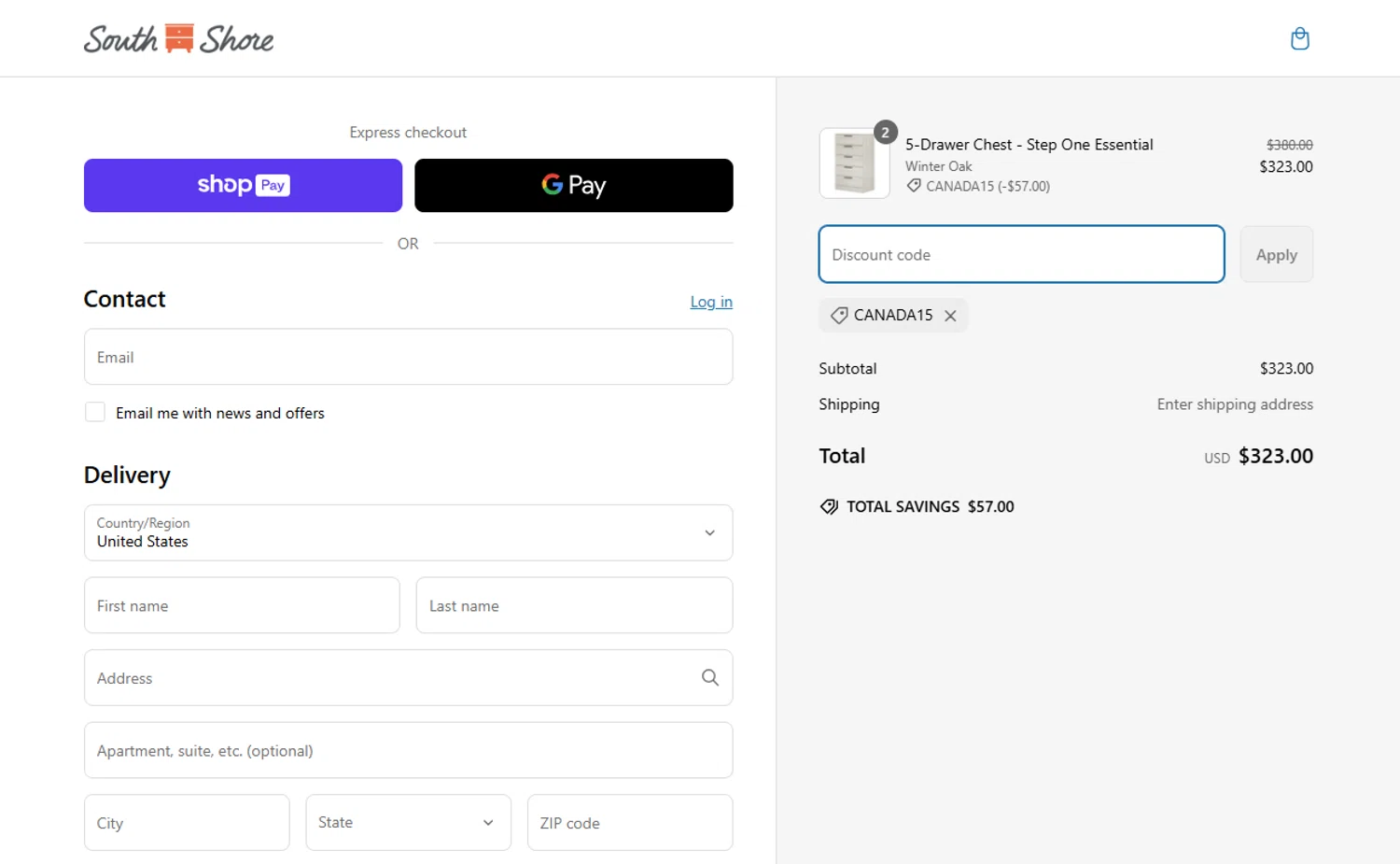 South Shore Furniture promo code screenshot showing code CANADA15 applied at South Shore Furniture checkout page. Uploaded by SimplyCodes community member CashPro9699 on Mar 10, 2025