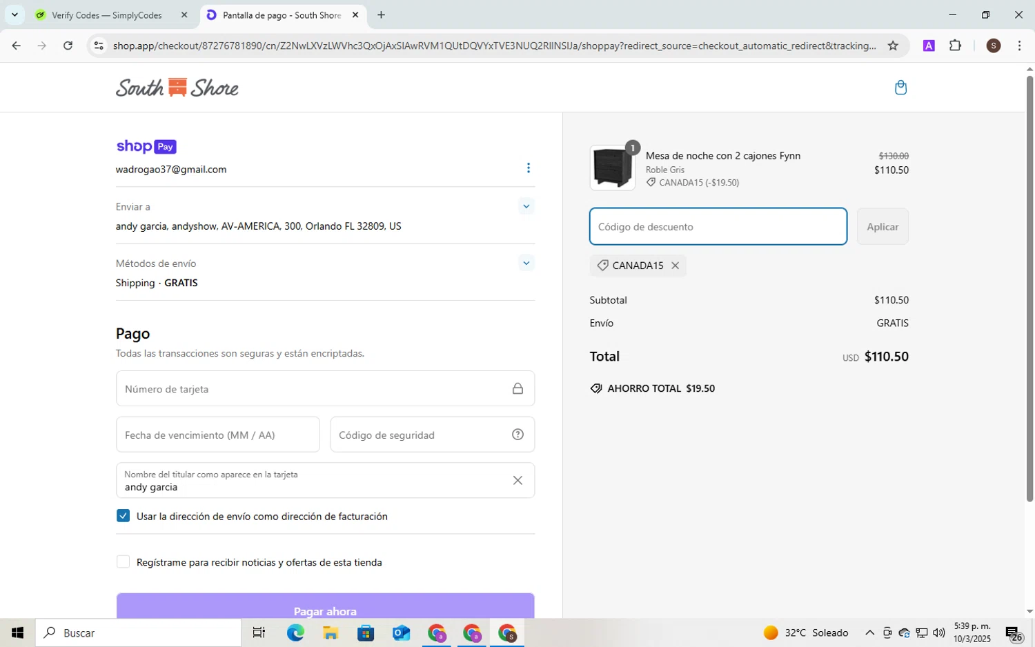 South Shore Furniture promo code screenshot showing code CANADA15 applied at South Shore Furniture checkout page. Uploaded by SimplyCodes community member QuestPhoenix2794 on Mar 10, 2025