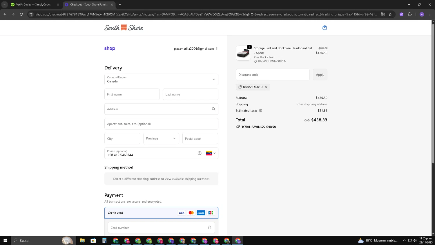 South Shore Furniture promo code screenshot showing code BABASOUK10 applied at South Shore Furniture checkout page. Uploaded by SimplyCodes community member SAKURA on Nov 24, 2025