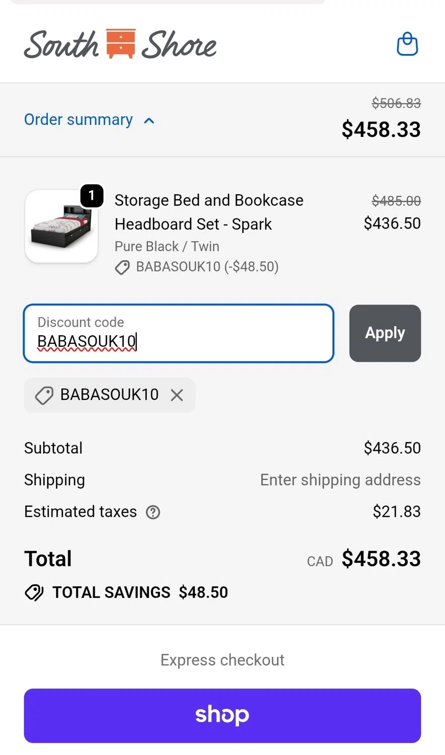 South Shore Furniture promo code screenshot showing code BABASOUK10 applied at South Shore Furniture checkout page. Uploaded by SimplyCodes community member JuanMonge on Nov 17, 2025