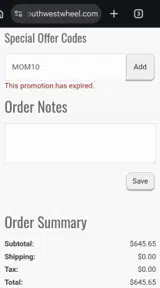 Southwest Wheel coupon verification screenshot