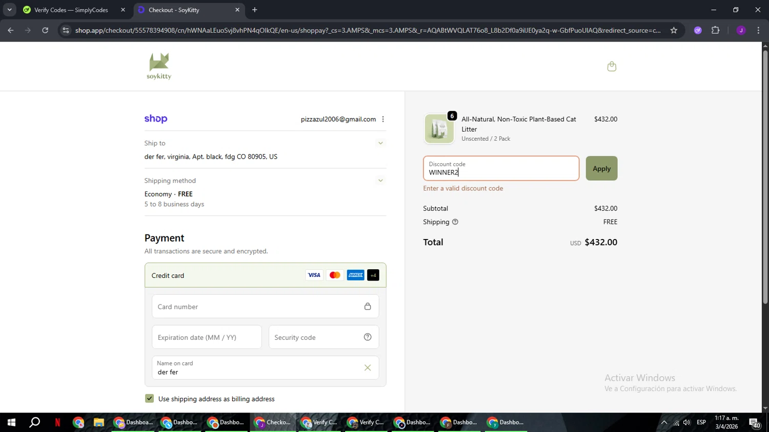 SoyKitty promo code screenshot showing code WINNER2 applied at SoyKitty checkout page. Uploaded by SimplyCodes community member ComeBurra123 on Apr 3, 2026