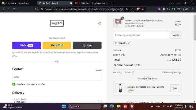 Soylent checkout page showing Soylent discount code box | Screenshot taken by SimplyCodes community member on Jun 23, 2024