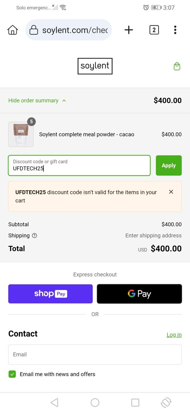 Soylent checkout page showing Soylent discount code box | Screenshot taken by SimplyCodes community member on Aug 17, 2024