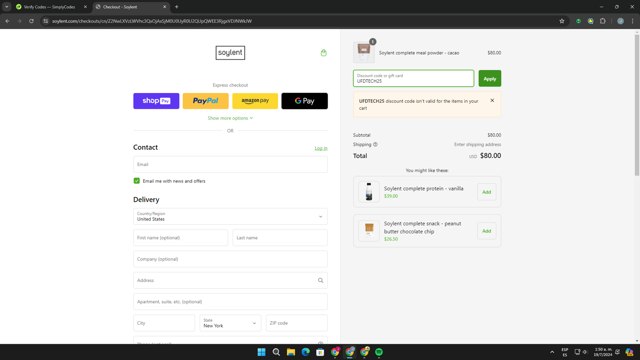 Soylent checkout page showing Soylent discount code box | Screenshot taken by SimplyCodes community member on Jul 19, 2024
