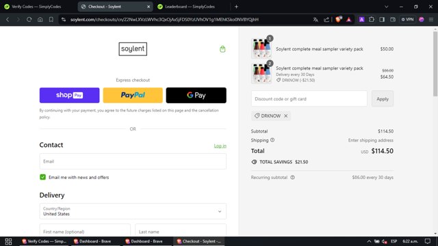 Soylent checkout page showing Soylent discount code box | Screenshot taken by SimplyCodes community member on Jun 27, 2024