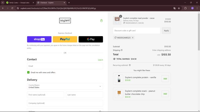 Soylent checkout page showing Soylent discount code box | Screenshot taken by SimplyCodes community member on Jul 23, 2024