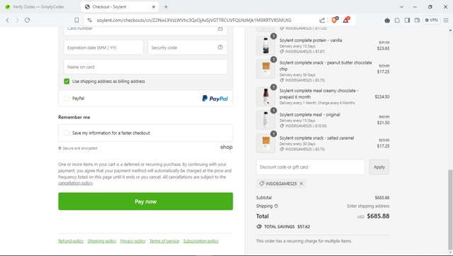Soylent checkout page showing Soylent discount code box | Screenshot taken by SimplyCodes community member on Aug 17, 2024