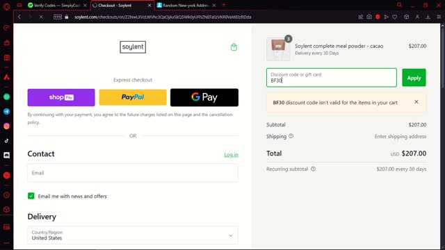 Soylent checkout page showing Soylent discount code box | Screenshot taken by SimplyCodes community member on Nov 22, 2024