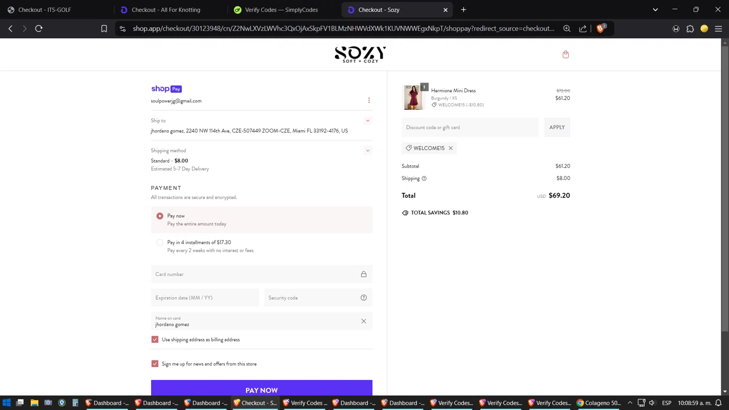 Sozy discount code screenshot showing code WELCOME15 applied at Sozy checkout page. Uploaded by SimplyCodes community member ZoilaPerrita on Jan 25, 2025