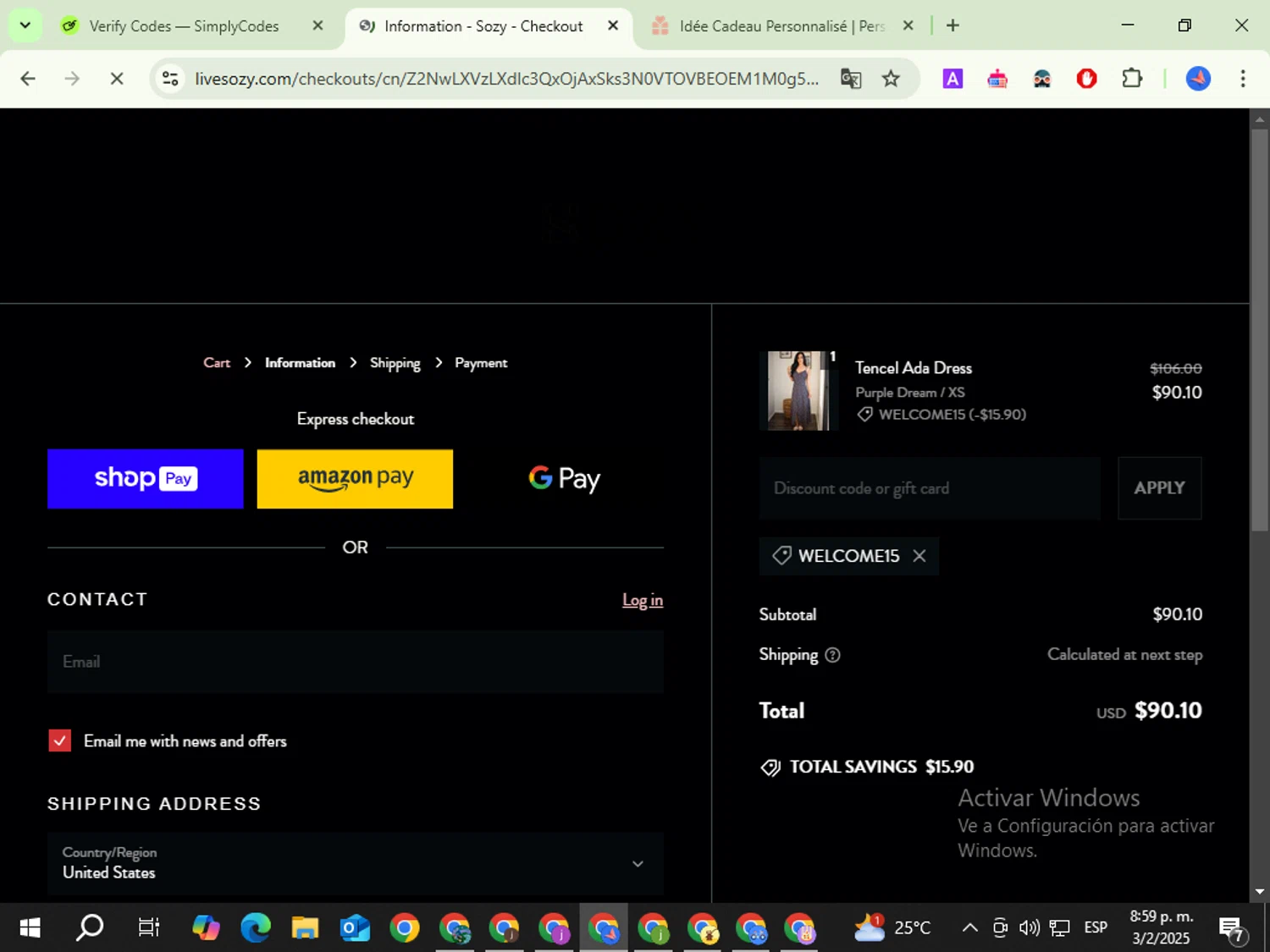 Sozy discount code screenshot showing code WELCOME15 applied at Sozy checkout page. Uploaded by SimplyCodes community member SaleCaptain2551 on Feb 4, 2025