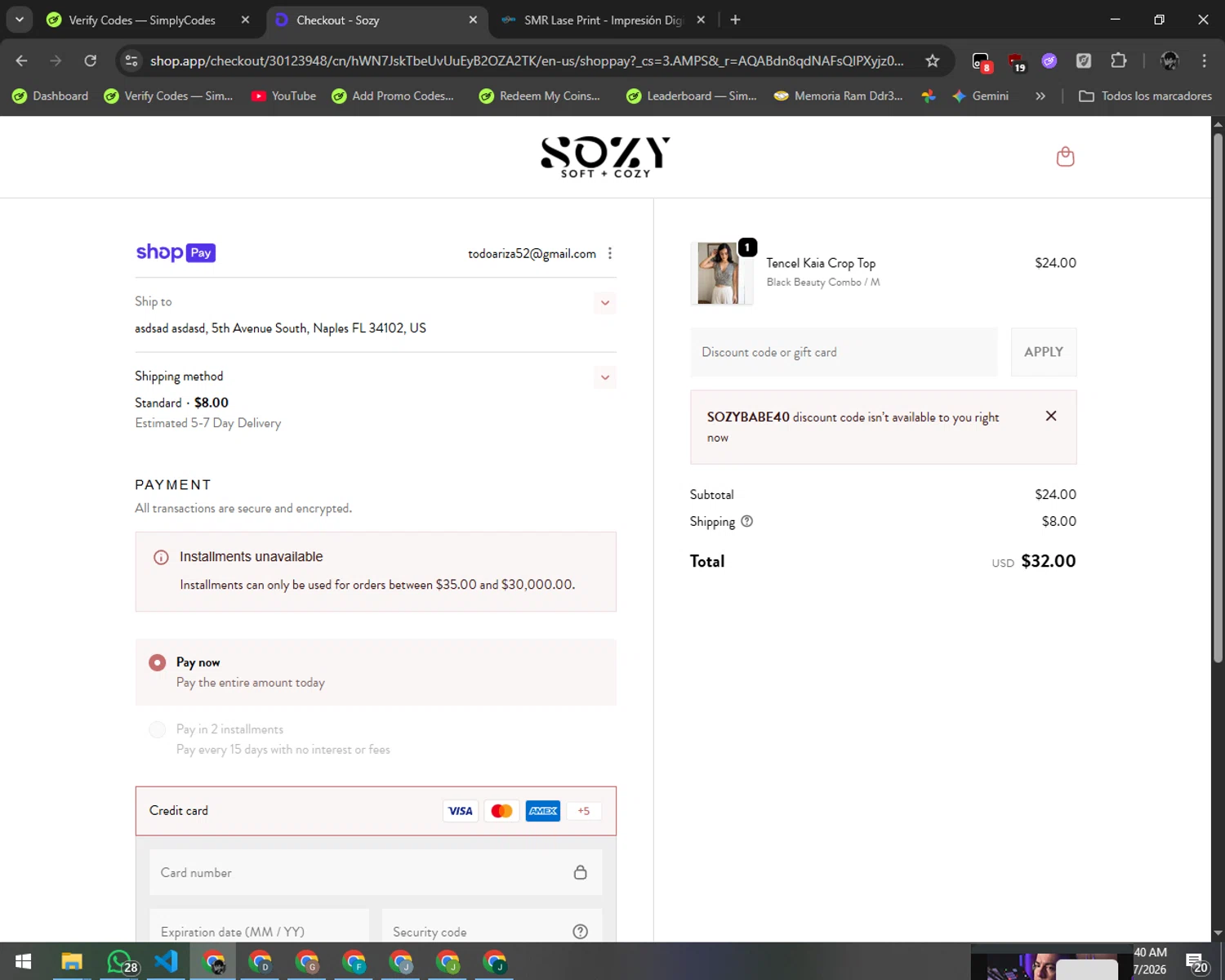 Sozy discount code screenshot showing code SOZYBABE40 applied at Sozy checkout page. Uploaded by SimplyCodes community member ArizaJesus on Jan 7, 2026