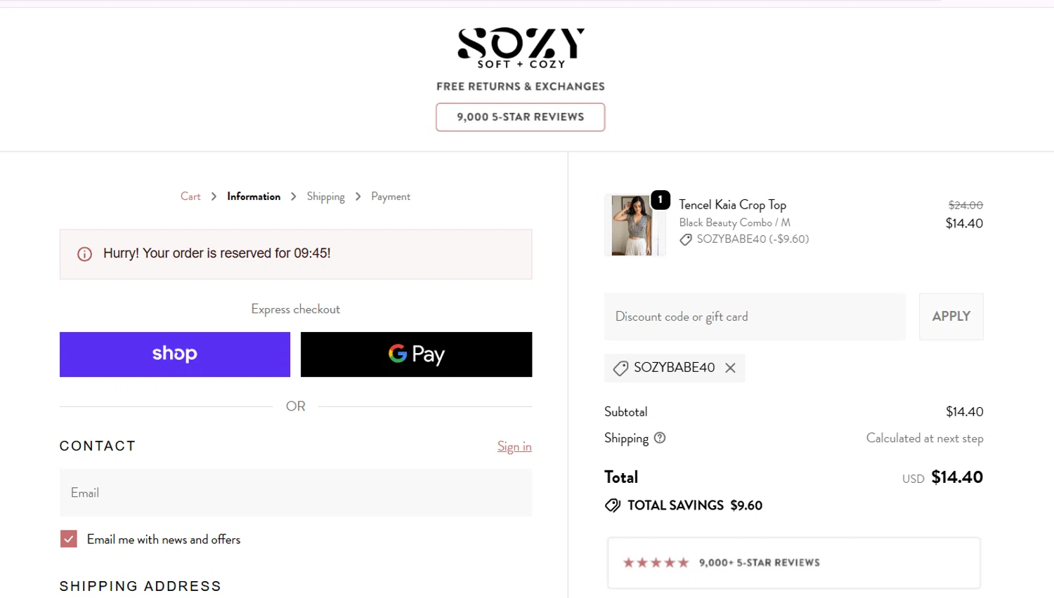Sozy discount code screenshot showing code SOZYBABE40 applied at Sozy checkout page. Uploaded by SimplyCodes community member SavvyAdmiral5704 on Jan 31, 2026