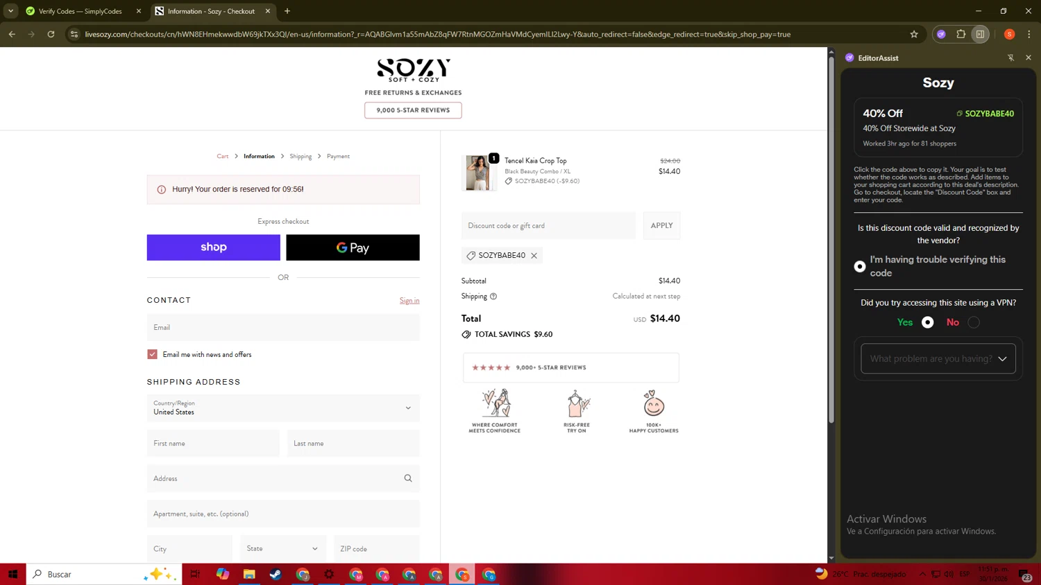 Sozy discount code screenshot showing code SOZYBABE40 applied at Sozy checkout page. Uploaded by SimplyCodes community member ScanKnight8857 on Jan 31, 2026