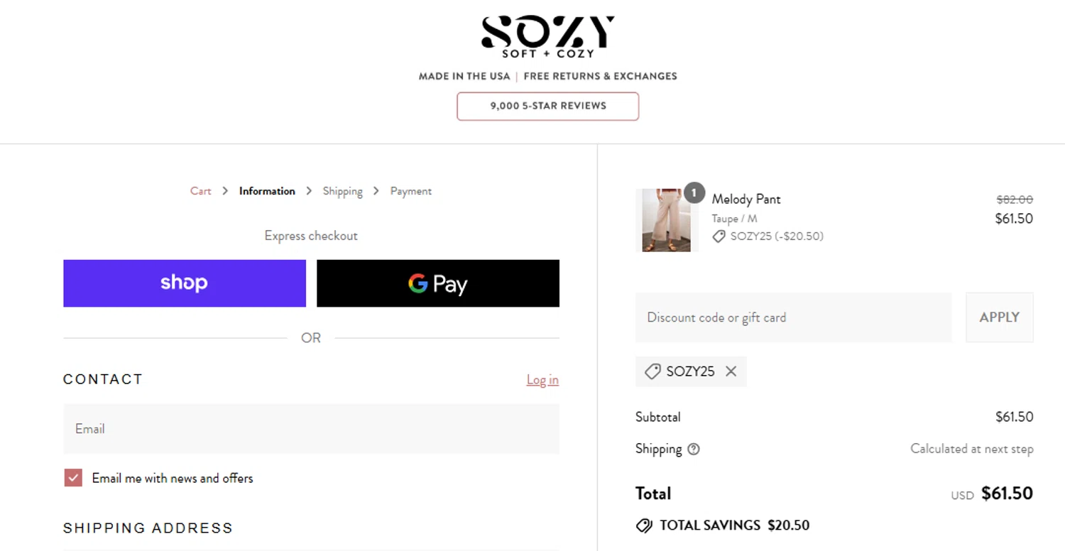 Sozy discount code screenshot showing code Sozy25 applied at Sozy checkout page. Uploaded by SimplyCodes community member Jhonny on Aug 30, 2025