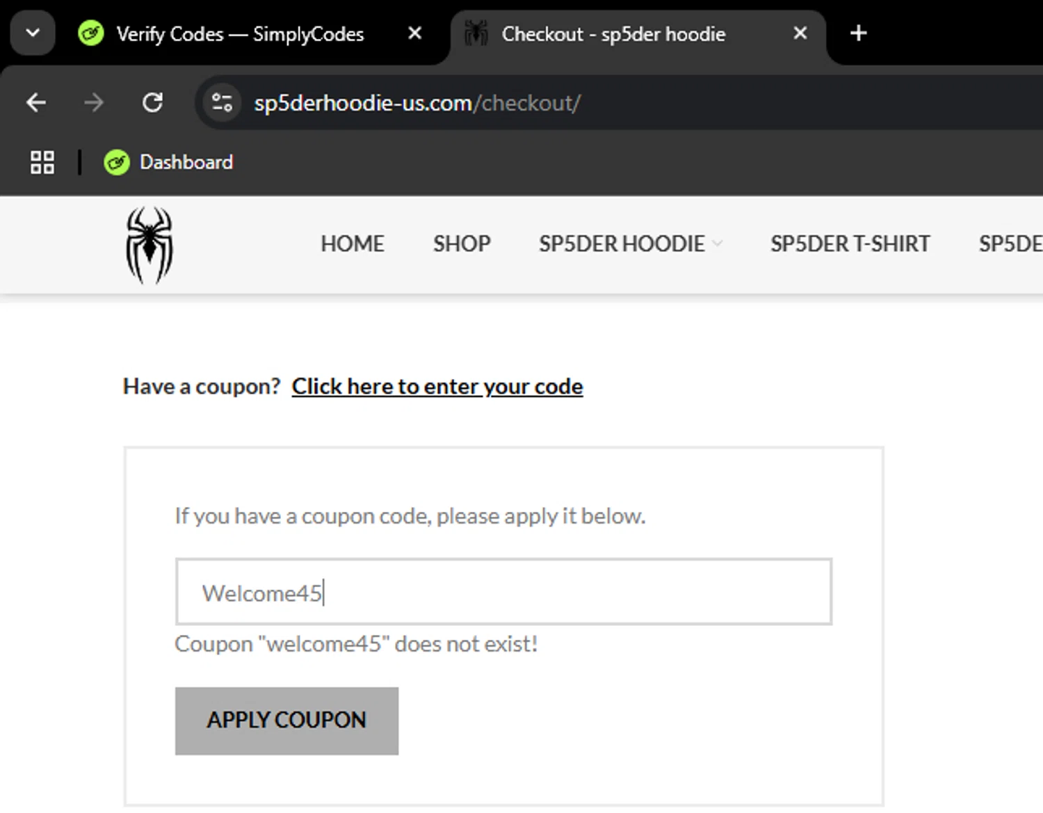 Sp5der Hoodie coupon code screenshot showing code Welcome45 applied at Sp5der Hoodie checkout page. Uploaded by SimplyCodes community member SaturoGojo on Feb 22, 2025