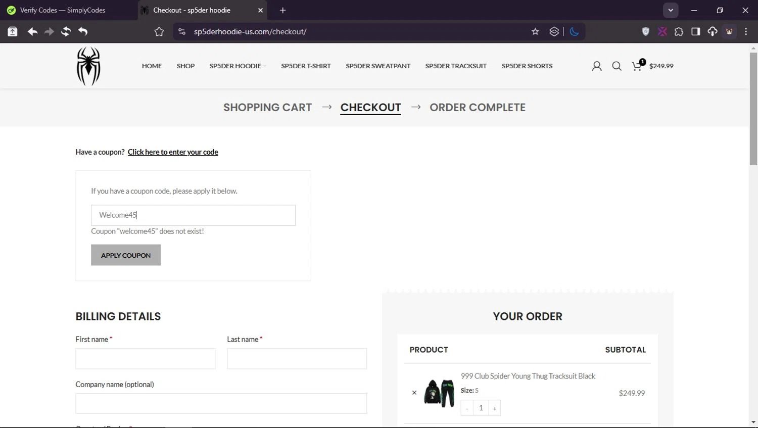 Sp5der Hoodie coupon code screenshot showing code Welcome45 applied at Sp5der Hoodie checkout page. Uploaded by SimplyCodes community member Userr2 on Mar 26, 2025