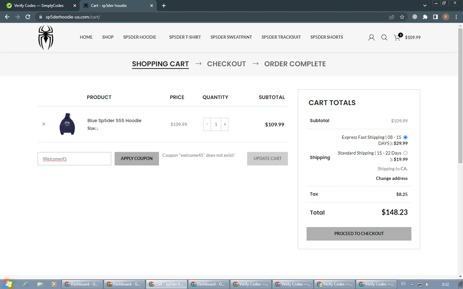 Sp5der Hoodie coupon code screenshot showing code Welcome45 applied at Sp5der Hoodie checkout page. Uploaded by SimplyCodes community member RoyalSleuth6331 on Mar 6, 2025