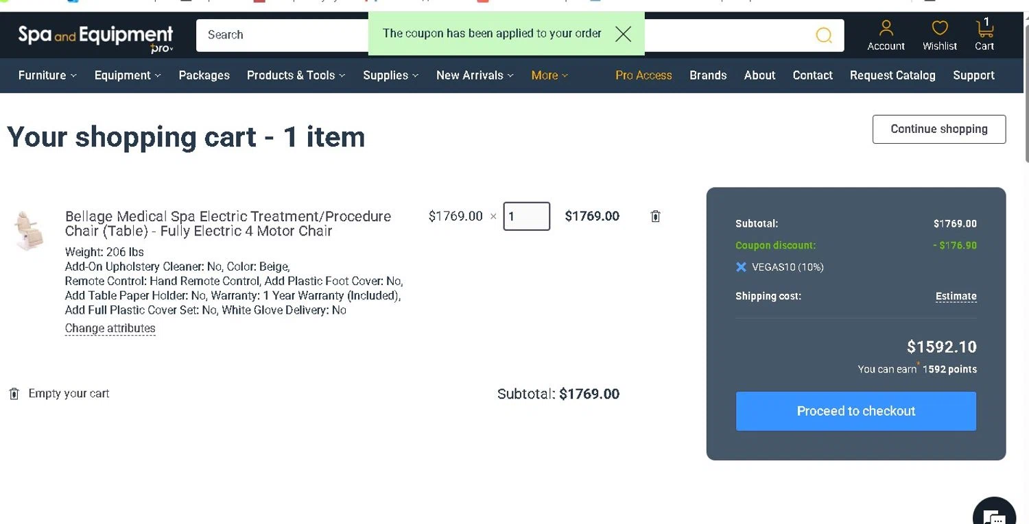 Spa and Equipment promo code screenshot showing code VEGAS10 applied at Spa and Equipment checkout page. Uploaded by SimplyCodes community member LAMINEJAMAL on Jun 19, 2026