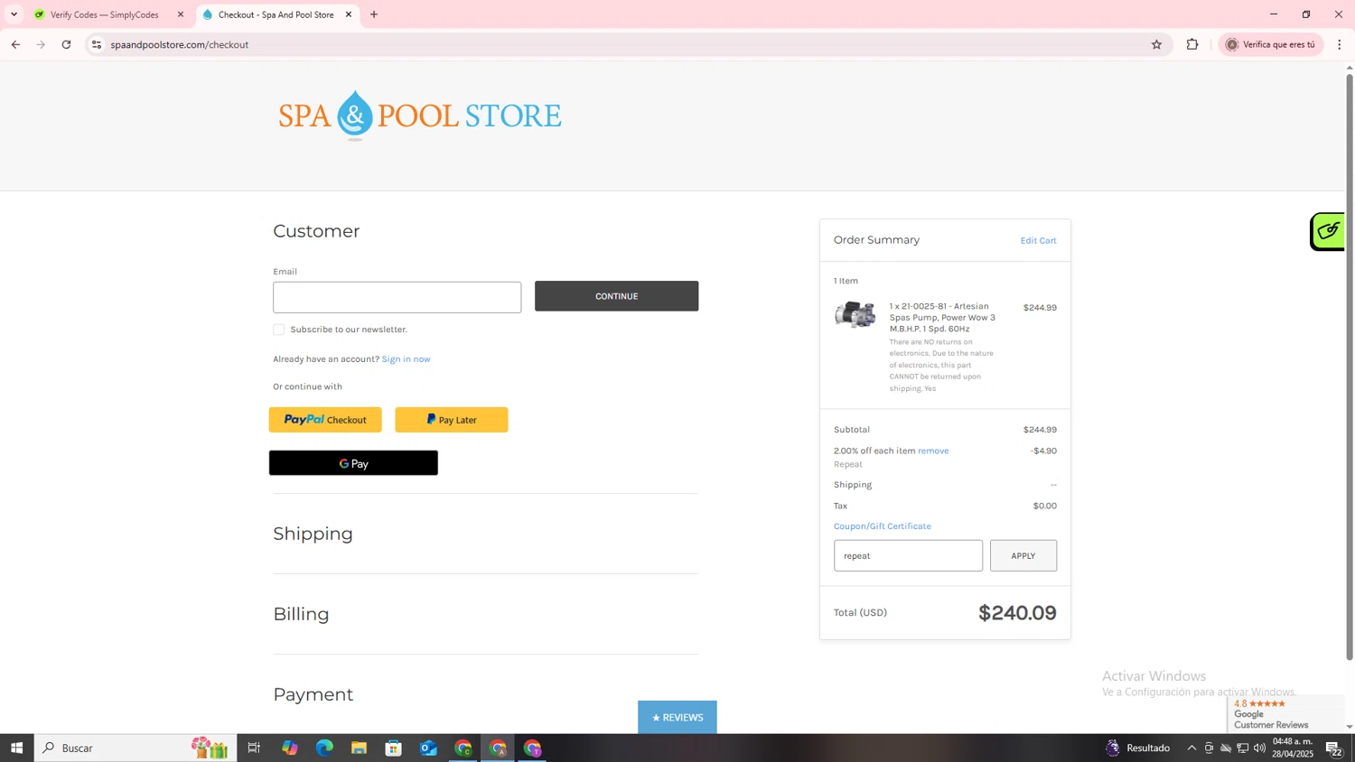 Spa and Pool promo code screenshot showing code repeat applied at Spa and Pool checkout page. Uploaded by SimplyCodes community member SwiftSage2309 on Apr 28, 2025