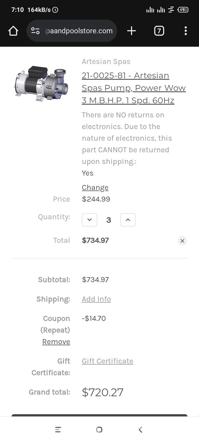 Spa and Pool promo code screenshot showing code repeat applied at Spa and Pool checkout page. Uploaded by SimplyCodes community member NobleSeeker1711 on May 19, 2025