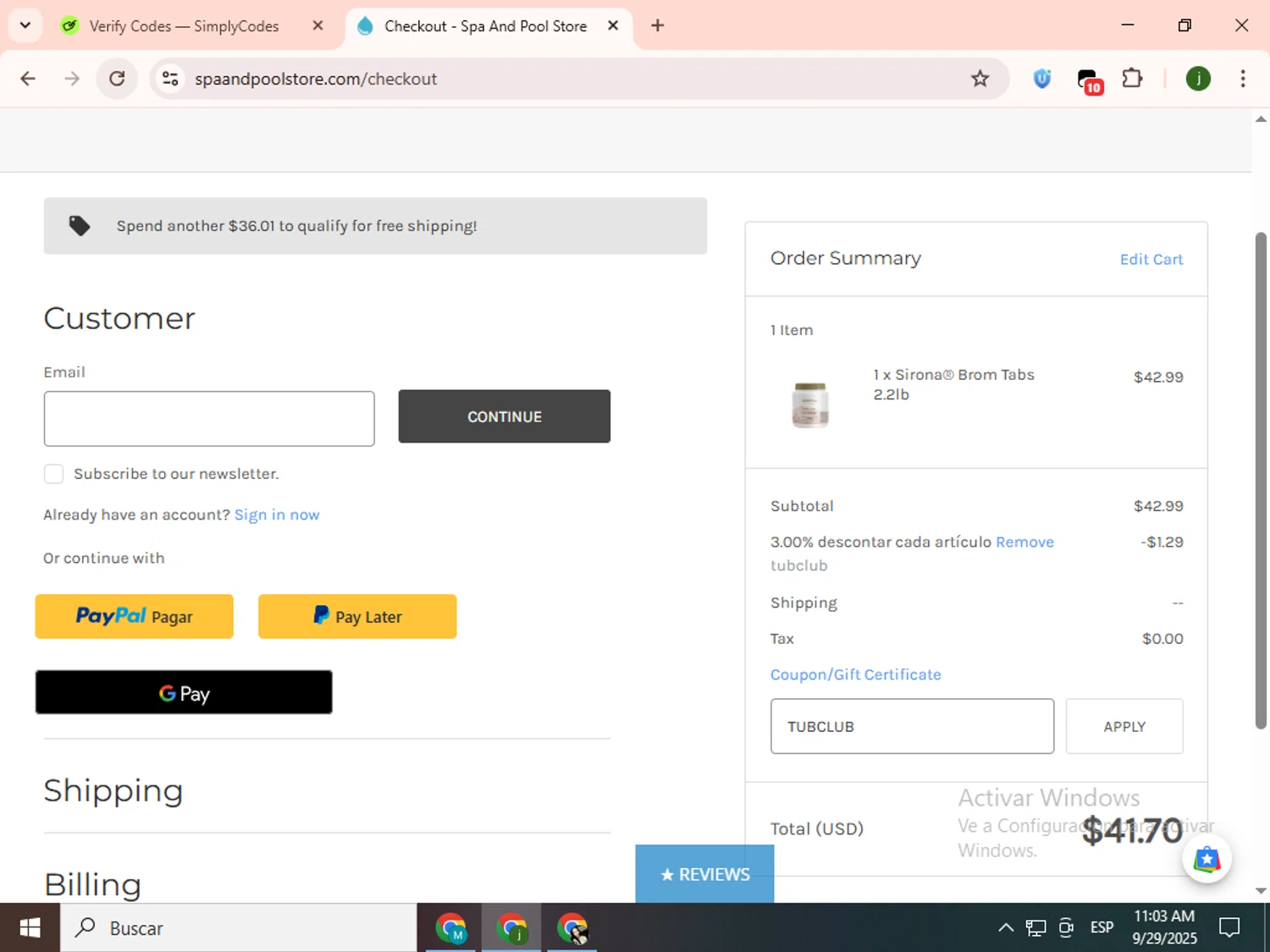 Spa and Pool promo code screenshot showing code TUBCLUB applied at Spa and Pool checkout page. Uploaded by SimplyCodes community member SavingsCollector2592 on Sep 29, 2025