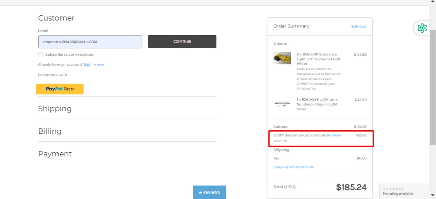 Spa and Pool promo code screenshot showing code TUBCLUB applied at Spa and Pool checkout page. Uploaded by SimplyCodes community member SavingsTitan4239 on Jun 30, 2025