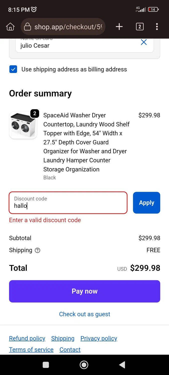 SpaceAid promo code screenshot showing code hallo applied at SpaceAid checkout page. Uploaded by SimplyCodes community member CrownLion2750 on Nov 9, 2025