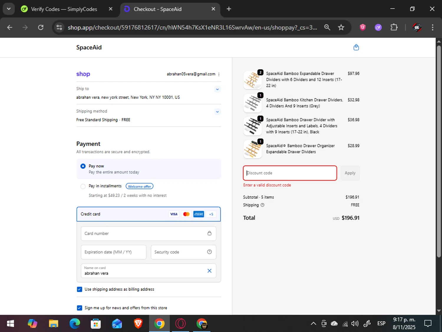 SpaceAid promo code screenshot showing code hallo applied at SpaceAid checkout page. Uploaded by SimplyCodes community member TreasureAdmiral6867 on Nov 9, 2025