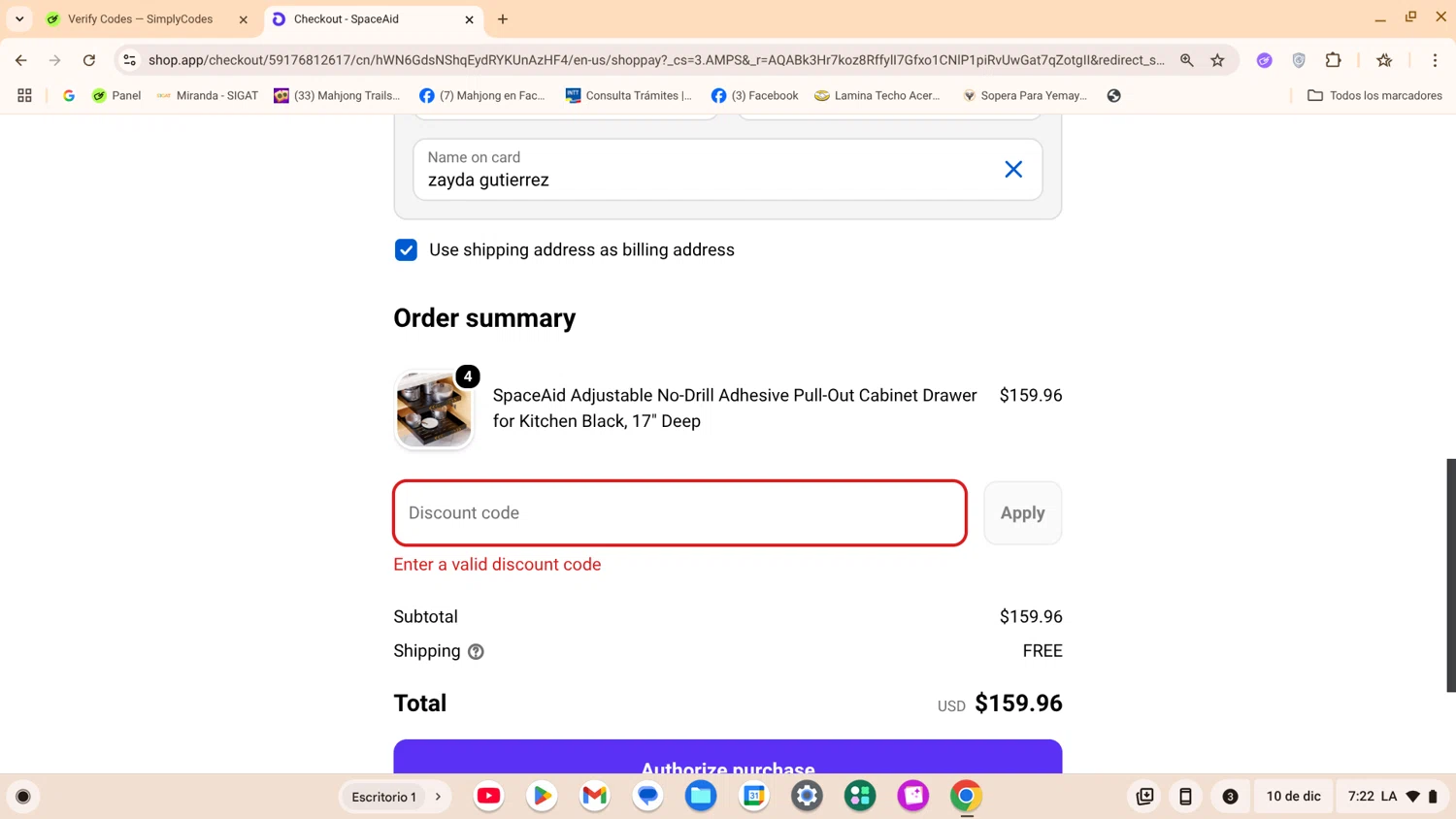 SpaceAid promo code screenshot showing code BF26 applied at SpaceAid checkout page. Uploaded by SimplyCodes community member ShrewdExpert7367 on Dec 10, 2025