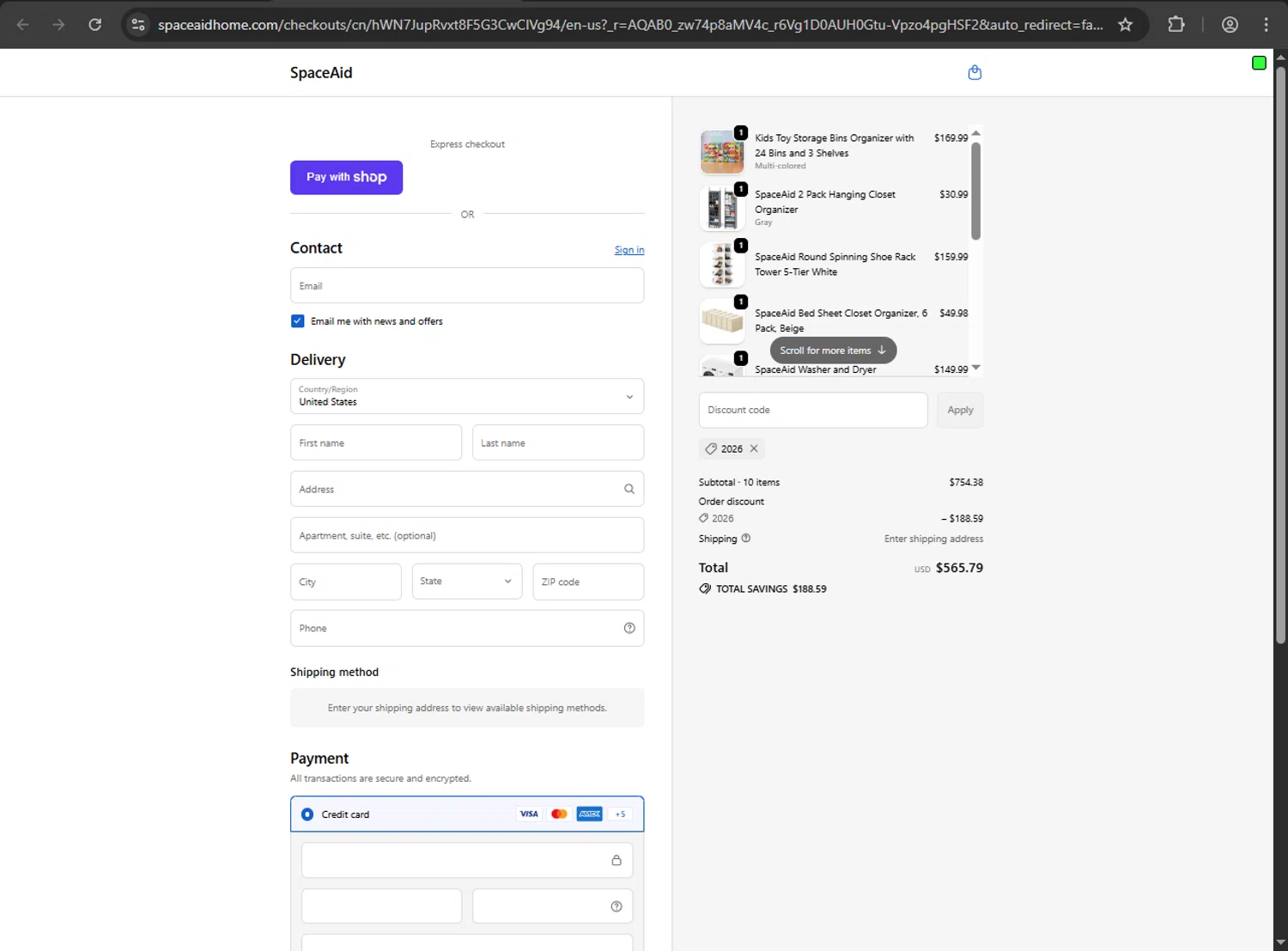 SpaceAid checkout page showing SpaceAid promo code box | Screenshot taken by SimplyCodes community member on Jan 7, 2026