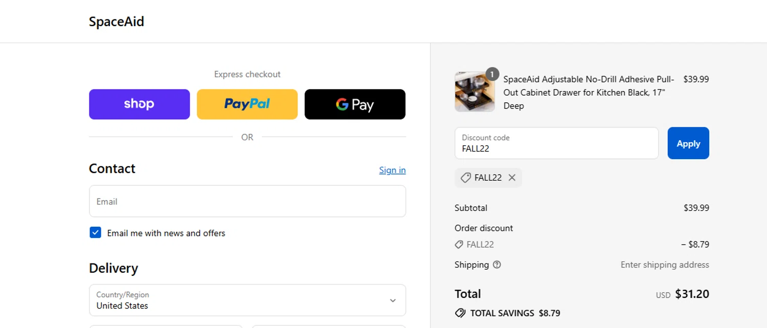 SpaceAid promo code screenshot showing code FALL22 applied at SpaceAid checkout page. Uploaded by SimplyCodes community member ashe1986 on Sep 17, 2025