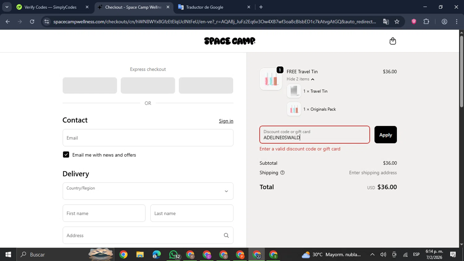 Space Camp Wellness discount code screenshot showing code ADELINE0SWALD applied at Space Camp Wellness checkout page. Uploaded by SimplyCodes community member GloriousDefender7889 on Feb 7, 2026