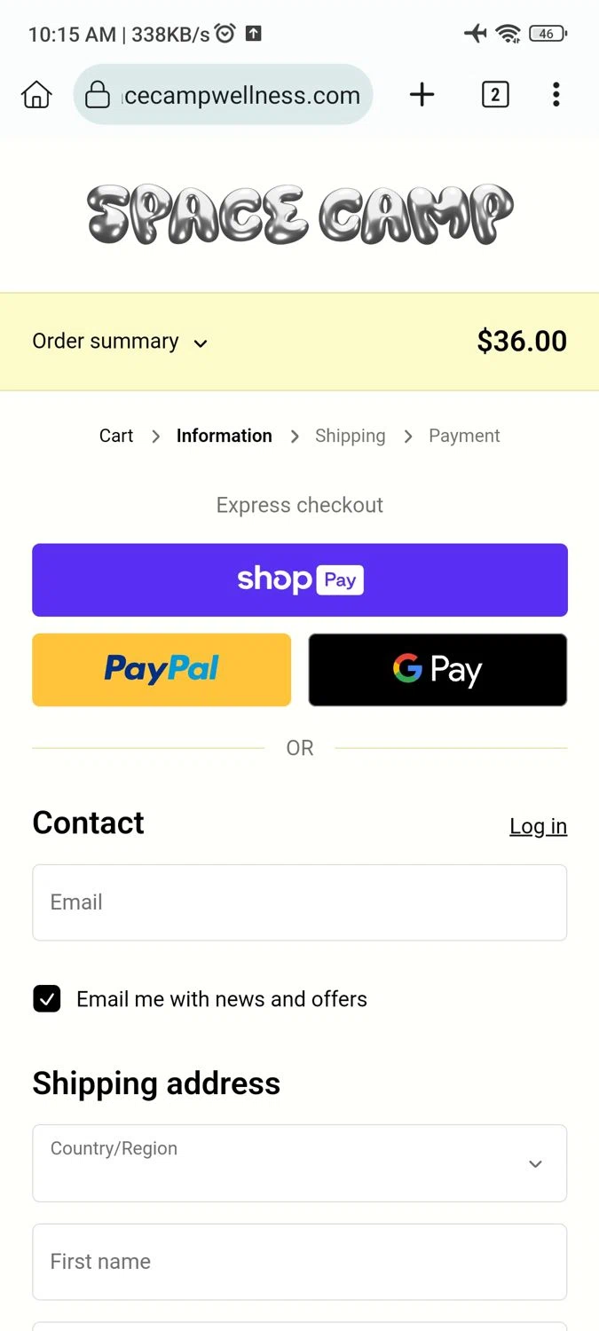 Space Camp Wellness discount code screenshot showing code ADELINE0SWALD applied at Space Camp Wellness checkout page. Uploaded by SimplyCodes community member GoldAdmiral5202 on Dec 28, 2024