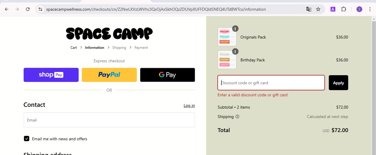 Space Camp Wellness discount code screenshot showing code STURNIOLOTEAM applied at Space Camp Wellness checkout page. Uploaded by SimplyCodes community member SilverVirtuoso5948 on Jan 15, 2025