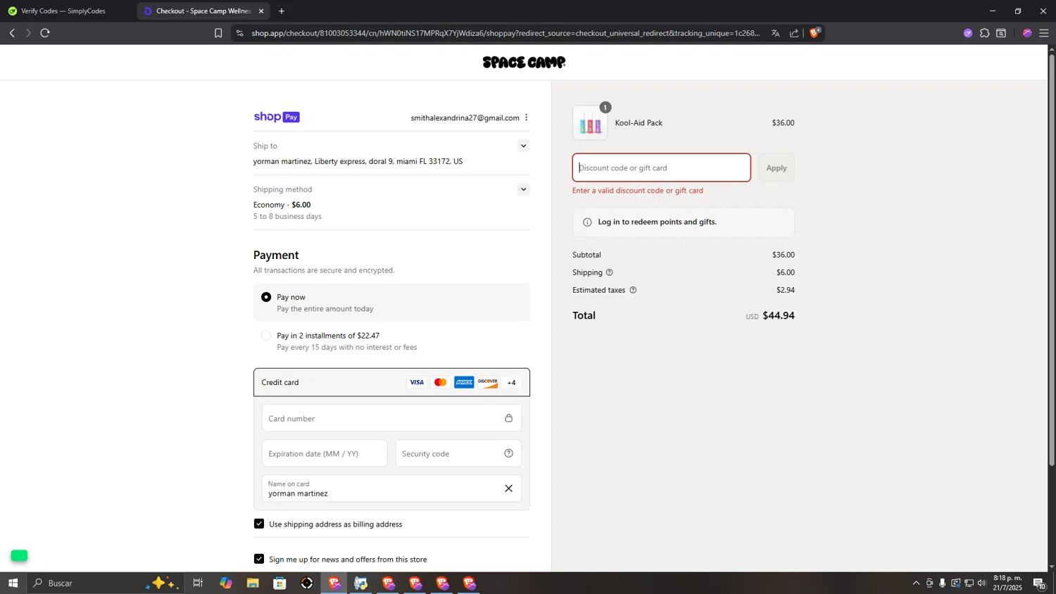 Space Camp Wellness discount code screenshot showing code ASHLYNG7 applied at Space Camp Wellness checkout page. Uploaded by SimplyCodes community member HUMANIZER on Jul 22, 2025