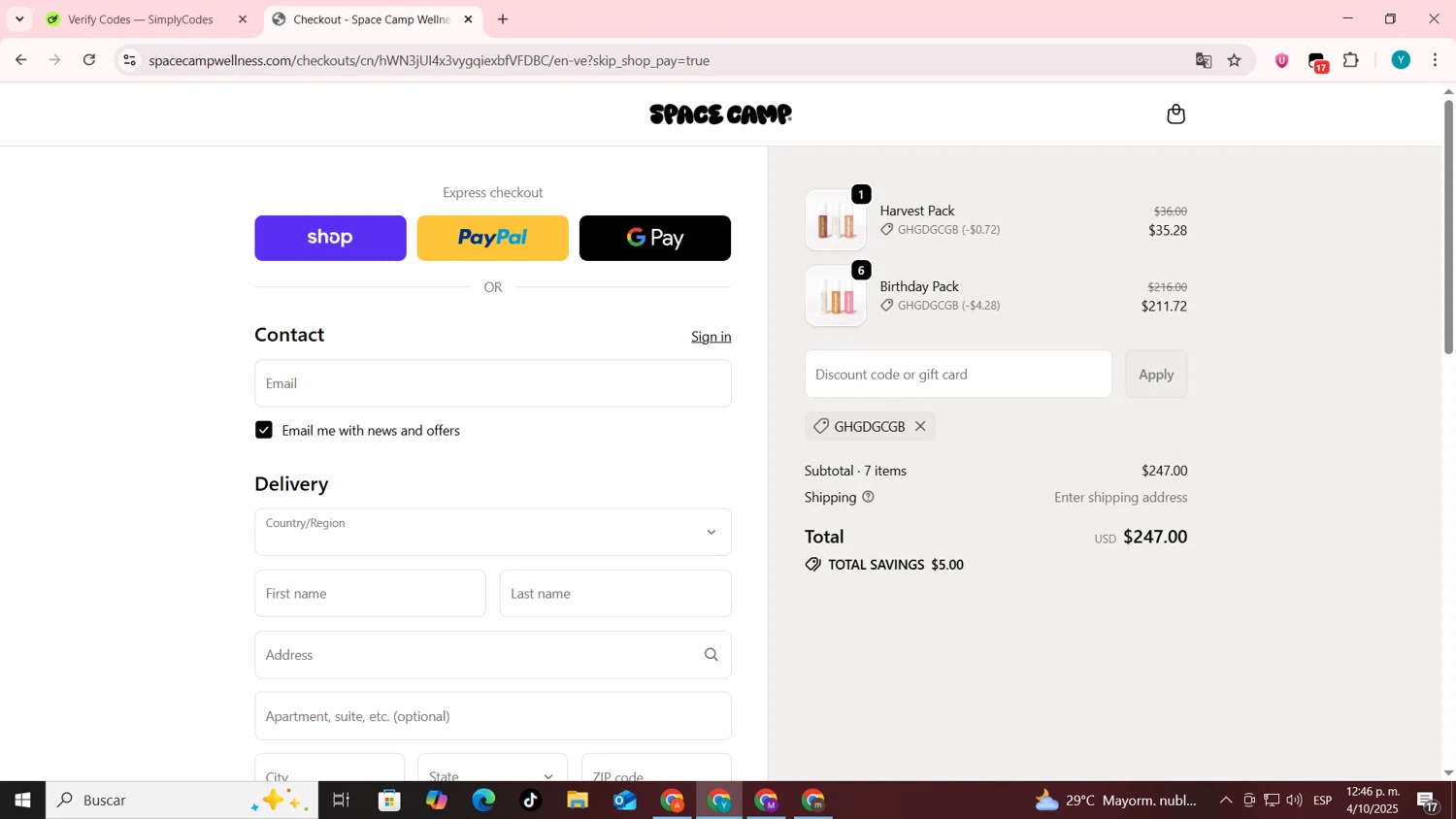 Space Camp Wellness discount code screenshot showing code GHGDGCGB applied at Space Camp Wellness checkout page. Uploaded by SimplyCodes community member codygakpo on Oct 4, 2025