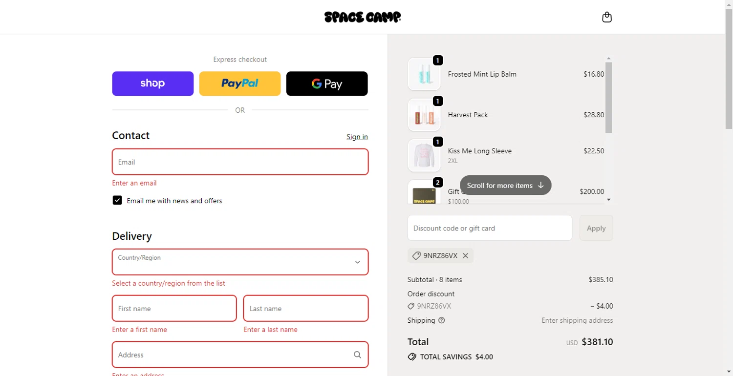 Space Camp Wellness discount code screenshot showing code 9NRZ86VX applied at Space Camp Wellness checkout page. Uploaded by SimplyCodes community member BonusFox1297 on Nov 15, 2025