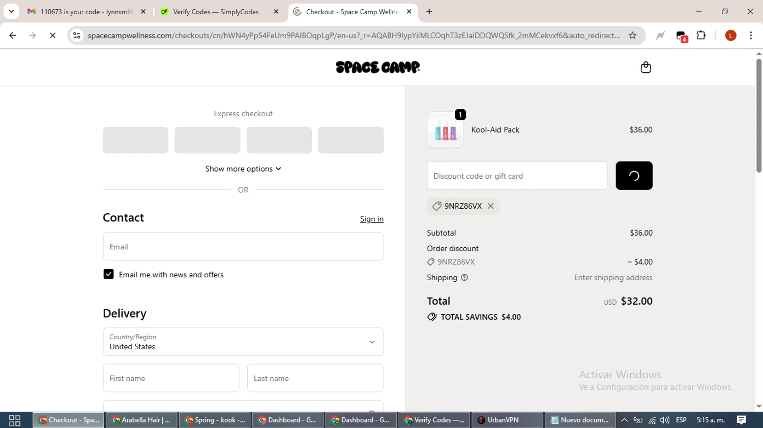 Space Camp Wellness discount code screenshot showing code 9NRZ86VX applied at Space Camp Wellness checkout page. Uploaded by SimplyCodes community member BonusHero9692 on Nov 6, 2025