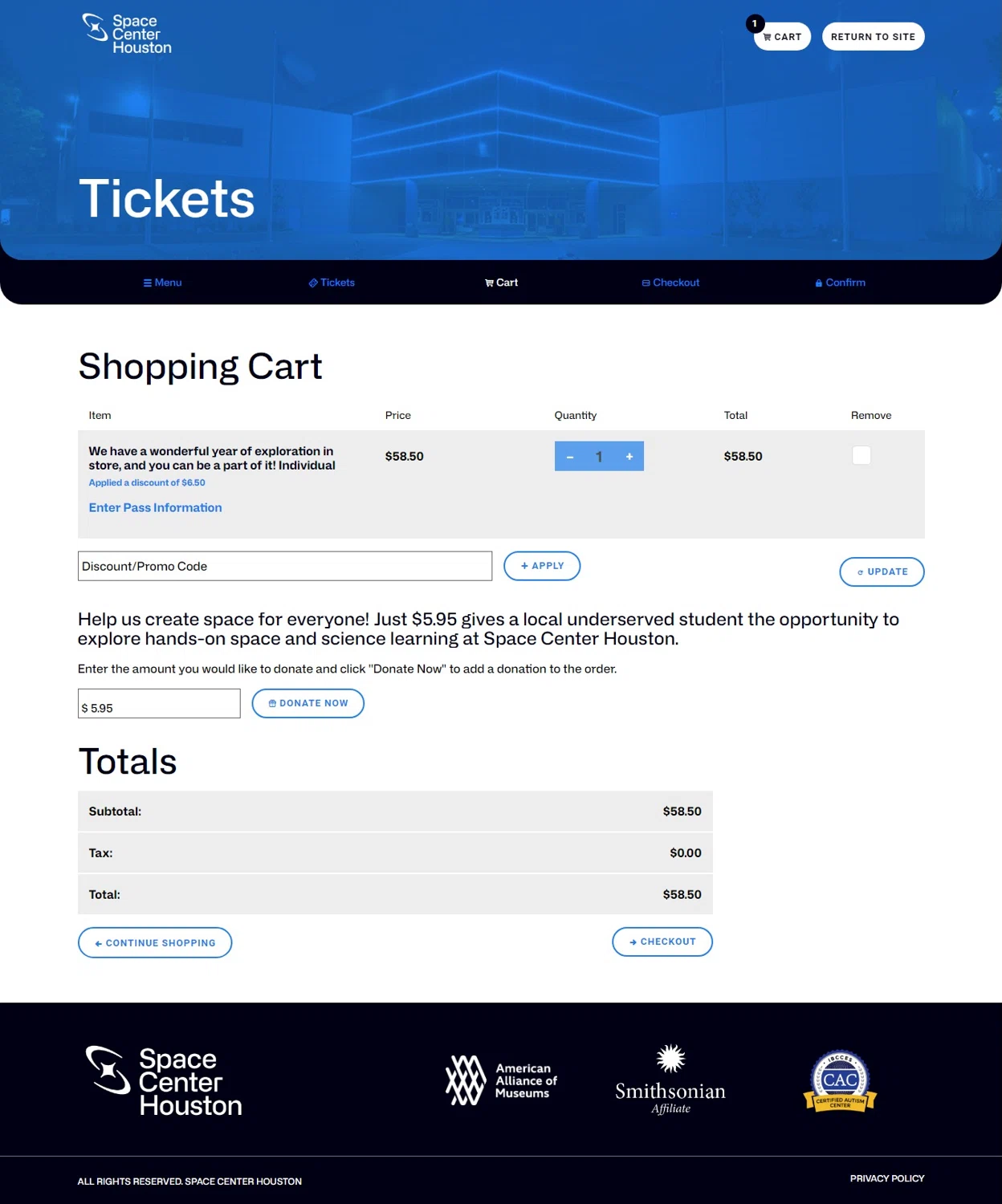 where to use Space Center Houston promo code box