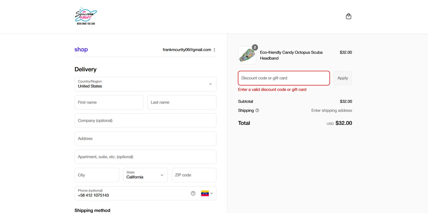 Spacefish Army discount code screenshot showing code DIVERBLISS applied at Spacefish Army checkout page. Uploaded by SimplyCodes community member BrilliantVoyager5752 on Sep 8, 2025