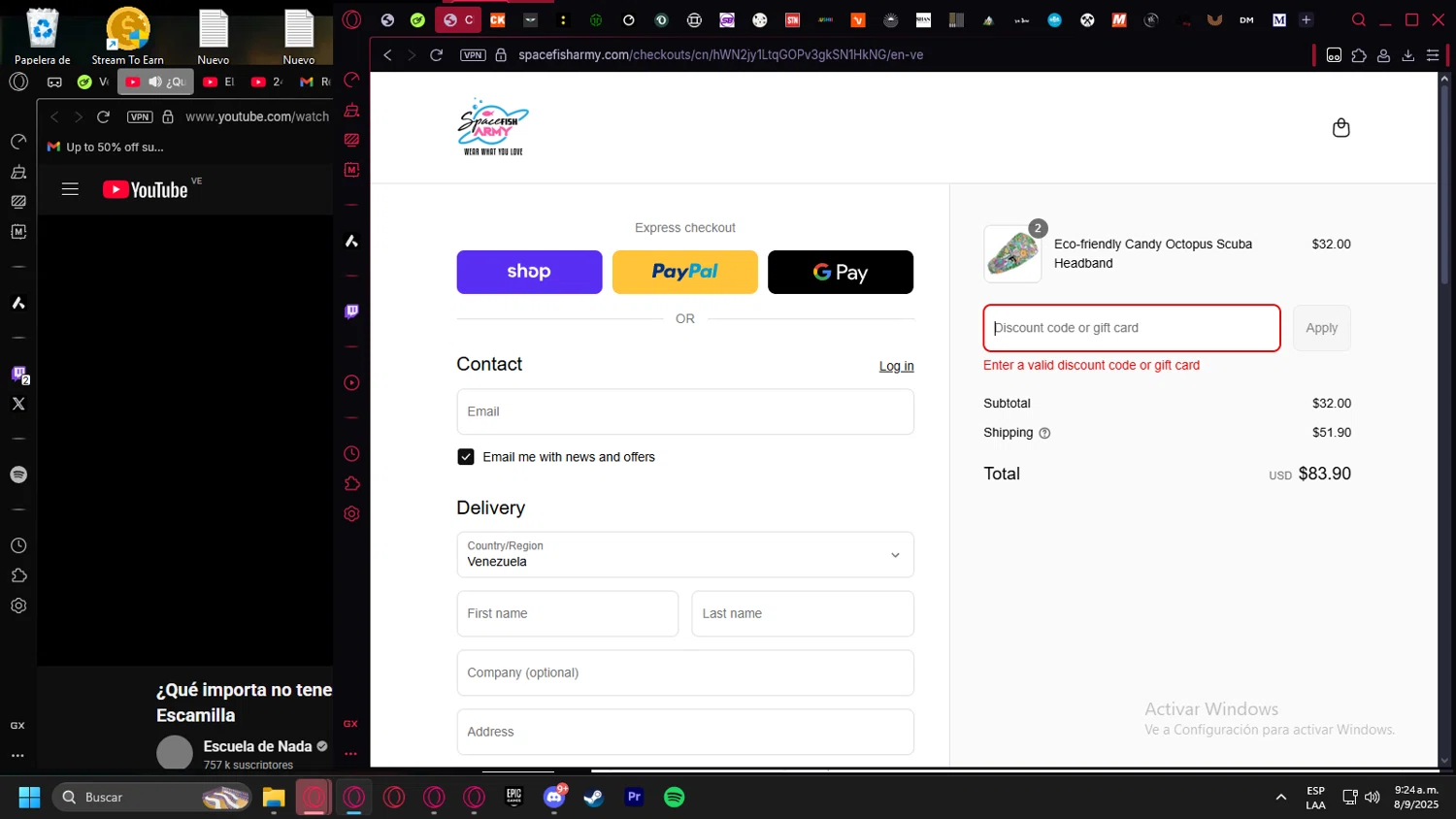 Spacefish Army discount code screenshot showing code DIVERBLISS applied at Spacefish Army checkout page. Uploaded by SimplyCodes community member leonardocamacho2 on Sep 8, 2025