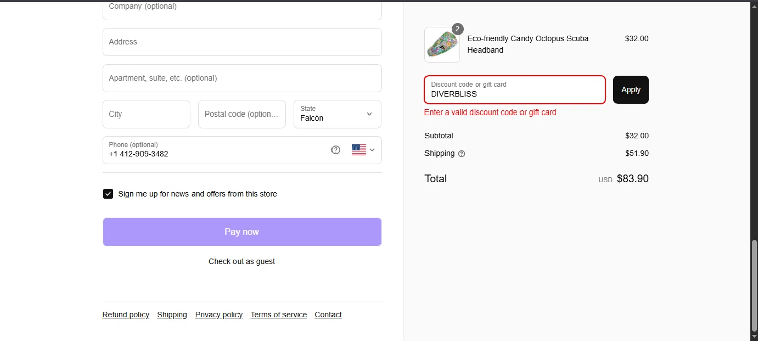 Spacefish Army discount code screenshot showing code DIVERBLISS applied at Spacefish Army checkout page. Uploaded by SimplyCodes community member noworries on Sep 8, 2025