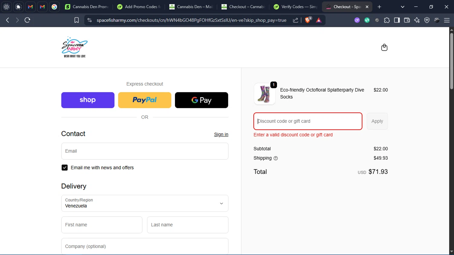 Spacefish Army discount code screenshot showing code mermaidkatie applied at Spacefish Army checkout page. Uploaded by SimplyCodes community member Charlote on Oct 27, 2025