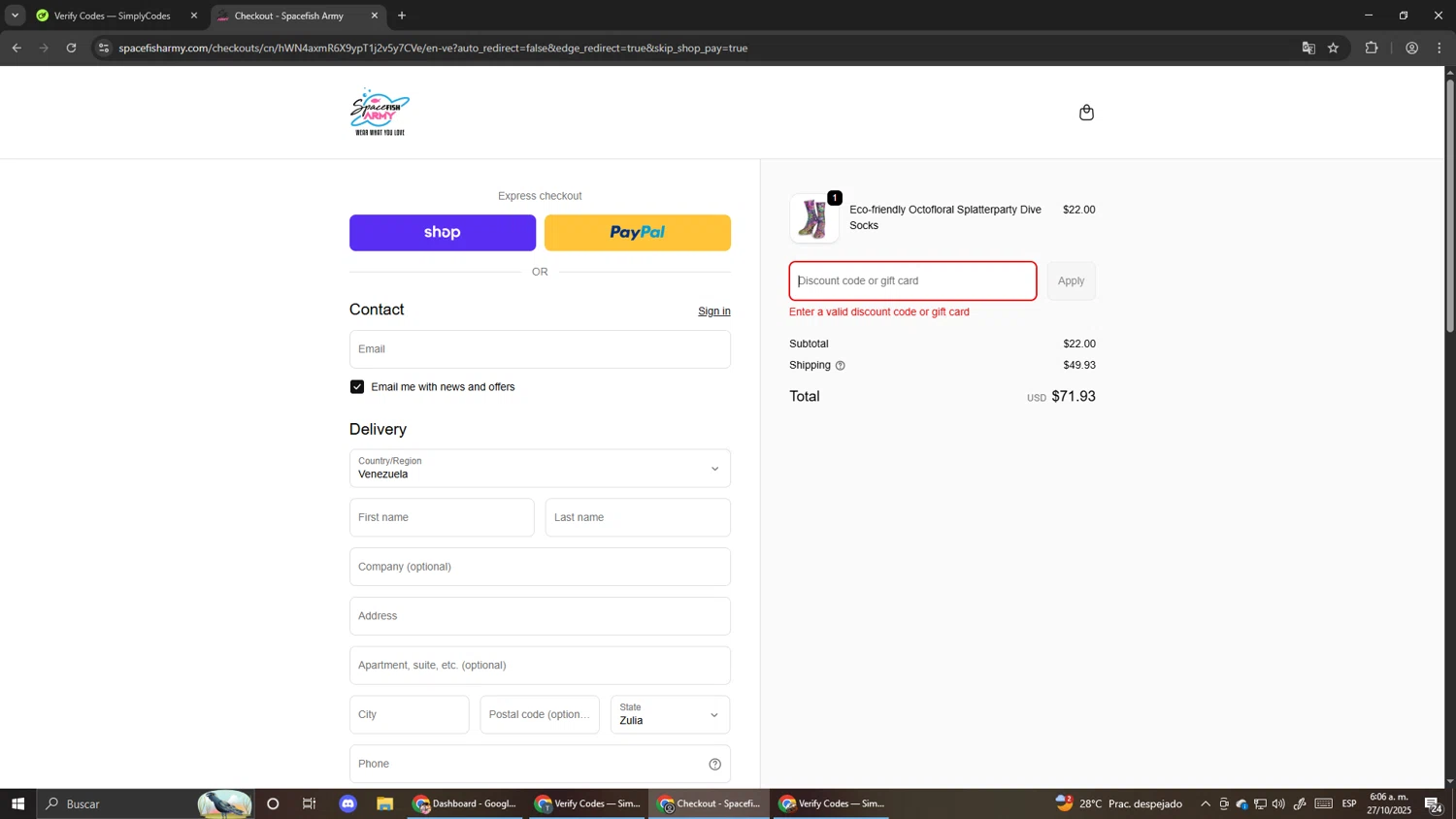 Spacefish Army discount code screenshot showing code mermaidkatie applied at Spacefish Army checkout page. Uploaded by SimplyCodes community member Pirlo420 on Oct 27, 2025