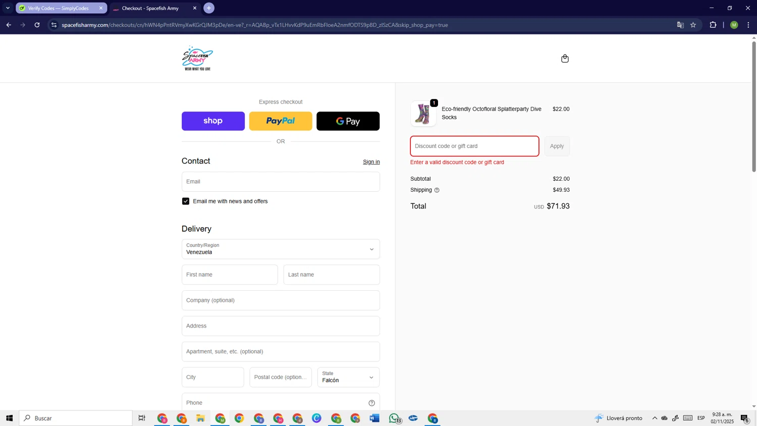 Spacefish Army discount code screenshot showing code KELPIEDREAMS applied at Spacefish Army checkout page. Uploaded by SimplyCodes community member PrimeSage6924 on Nov 2, 2025