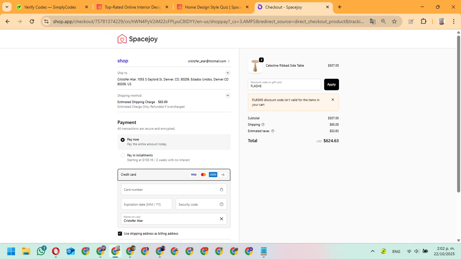 Spacejoy checkout page showing Spacejoy promo code box | Screenshot taken by SimplyCodes community member on Oct 22, 2025